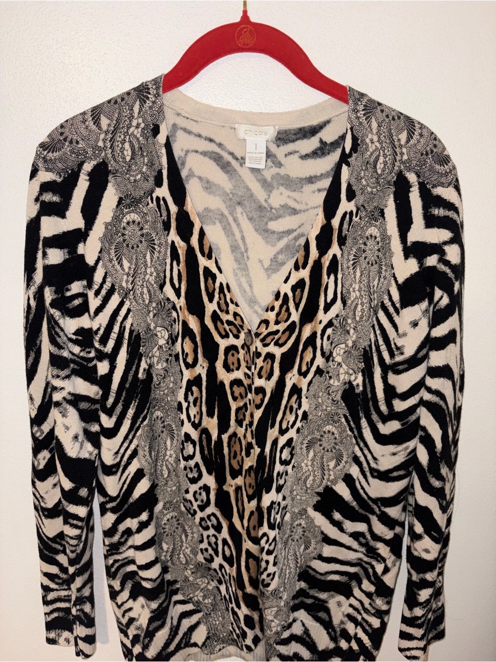 Chicos Animal Print V-Neck Cardigan - Black, White, Tan